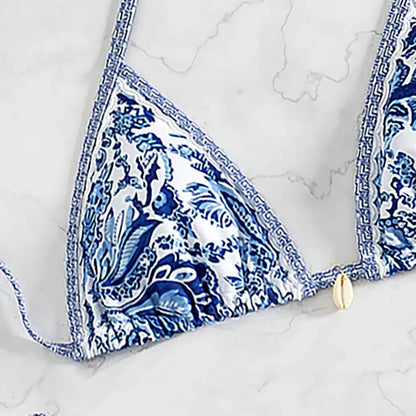 Triangle Bikini Set - Floral Print Push Up Swimsuit & Brazilian Bottoms