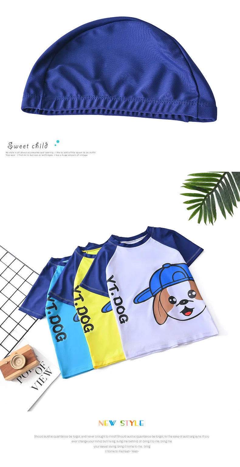 Children's Swimming Suit Teenage Boys' Swimsuits with Cap Cartoon Dog Sun Protection Short Sleeved Sports Swimwear Kids
