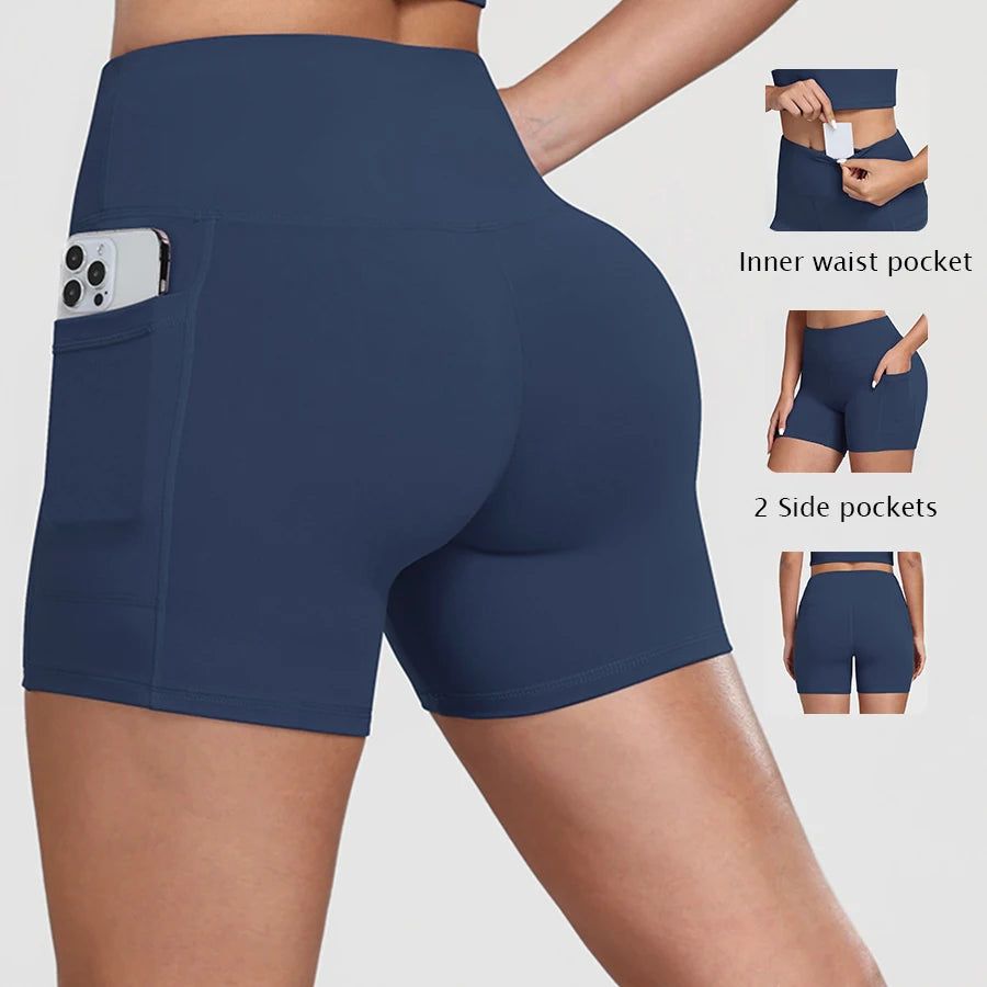 Women Yoga Shorts with Pockets Inner Waist Pocket Tummy Control Butt Lifting Workout Tights Gym Elastic Biker Shorts Activewear
