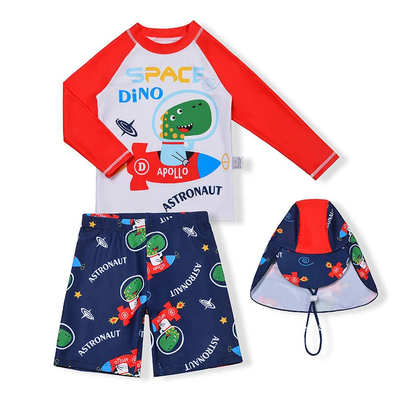 3 Pcs Boy Swimsuit Sun Protection UPF 50+ Long Sleeve Swimming Sunsuit With Hat Split Cartoon Dinosaur Bathing Suits Children