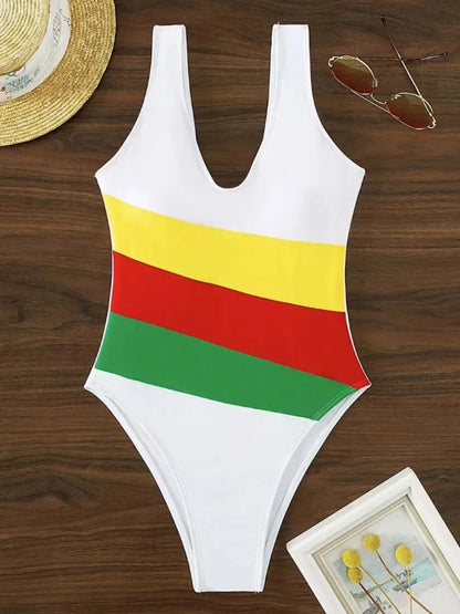 Solid Patchwork Strapped Swimwear Women High Cut One Piece Swimsuit Monokini Backless Beach Bathing Suit