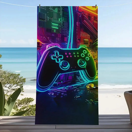 Beach Towel Neon Game Controller Print Pattern Sun Protection Windproof Suitable for Pool Camping Travel Blanket
