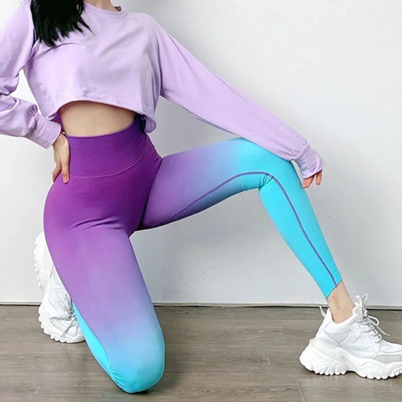 PofyBofy Gym Pants Scrunch Butt Workout Running Tights Dip-dye Gradient Ramp High Waist Gym Leggings Seamless Yoga Leggings