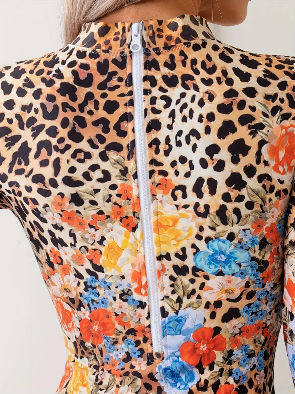 Floral Leopard Print Swimsuit Women One Piece Long Sleeve With Zipper Swimwear Female Monokini Bathing Swim Suit Beachwear
