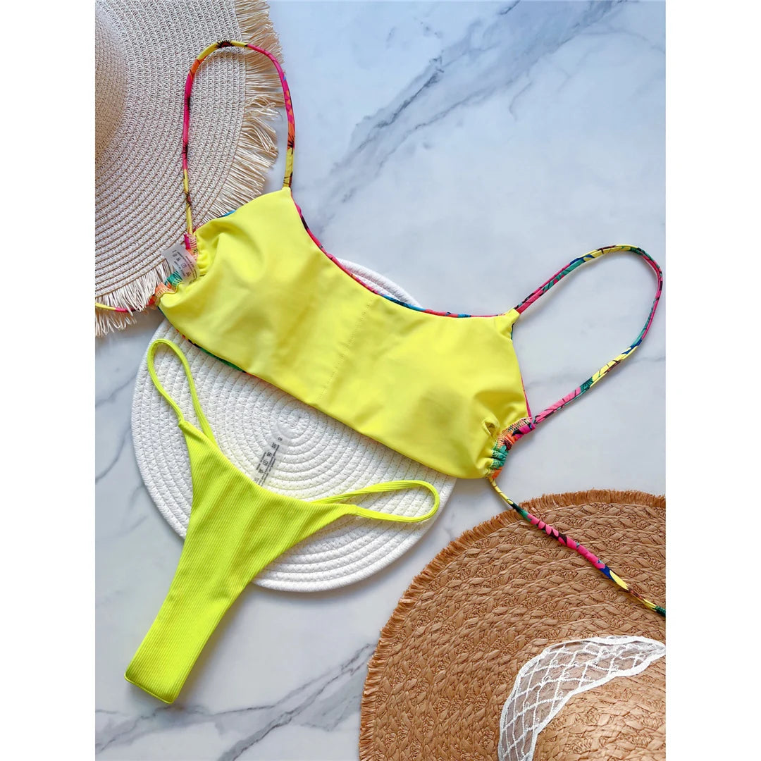Flowers Printed Mini Thong High Cut Bikini Female Swimsuit Women Swimwear Two-pieces Bikini set Bather Bathing Suit Swim