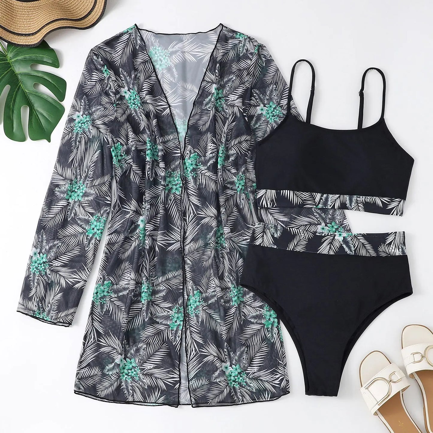 Three Pieces Bikini Set Cover Up Swimwear High Waisted Bikini Set Women's Swimwear Print  For Female Bath Suit Tropical