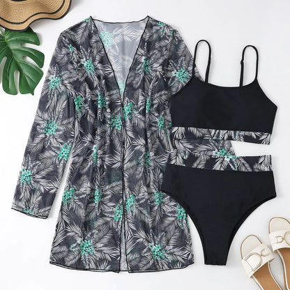 Three Pieces Bikini Set Cover Up Swimwear High Waisted Bikini Set Women's Swimwear Print  For Female Bath Suit Tropical