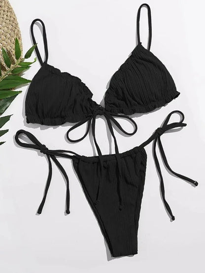 Swimsuit Pit stripe Bikini Women Swimwear  Bathing Suits Push Up Biquinis Bandage Beachwear Solid Bikini Sets