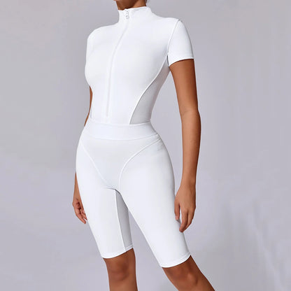 Nylon Yoga Jumpsuits Sports Fitness Hip-lifting Tights Short Sleeve Zipper Yoga Workout Gym Leggings Sportswear for Women
