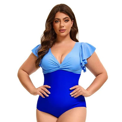 Swimsuit Plus Size Color Block One-Piece Swimsuit with Flounce Sleeves Swimwear XL-5XL