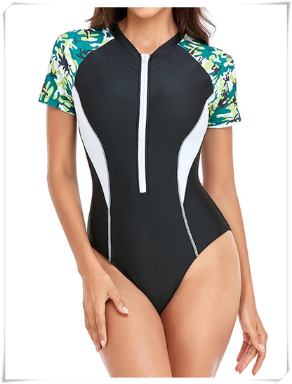 Short Sleeve Zipper One Piece Swimsuit Zebra Print Swimwear Women Diving Clothes Surfing Beachwear Bathing Swimming Suit
