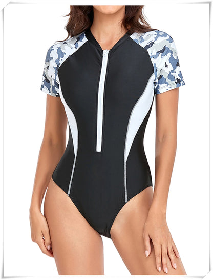Short Sleeve Zipper One Piece Swimsuit Zebra Print Swimwear Women Diving Clothes Surfing Beachwear Bathing Swimming Suit