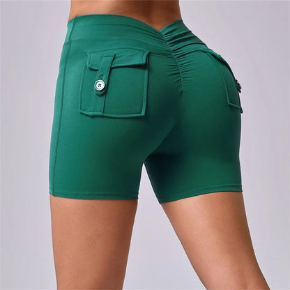 Deep V Back Yoga Shorts Women Pocket Scrunched Butt Gym Leggings High Waist Push Up Tights Booty Sports Shorts Fitness