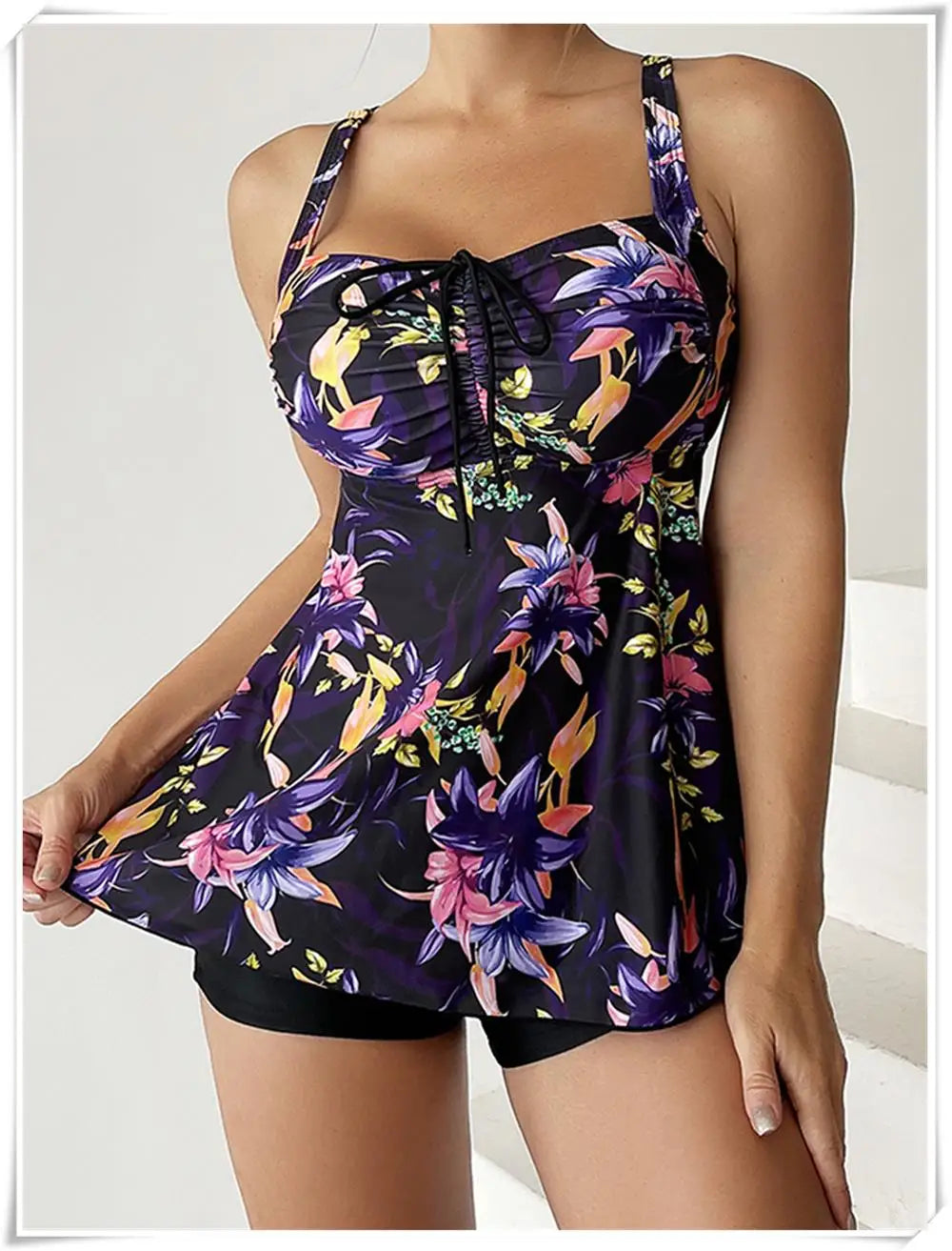 Drawstring Tankini Set Two Piece Swimsuit Short Women Floral Printed Swimwear Female Bathing Suit Beachwear Swimming