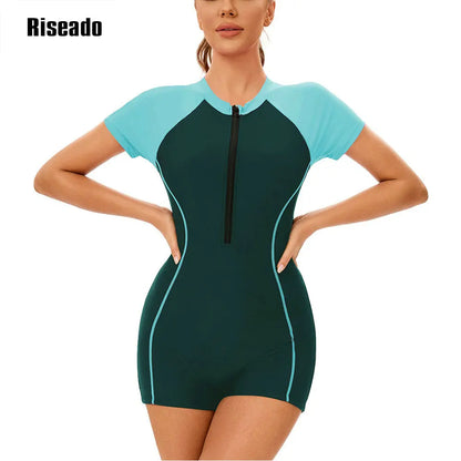 Womens Athletic Swimwear Short Sleeve Zip Front One Piece Swimsuit Full Body Modest with Boyshorts