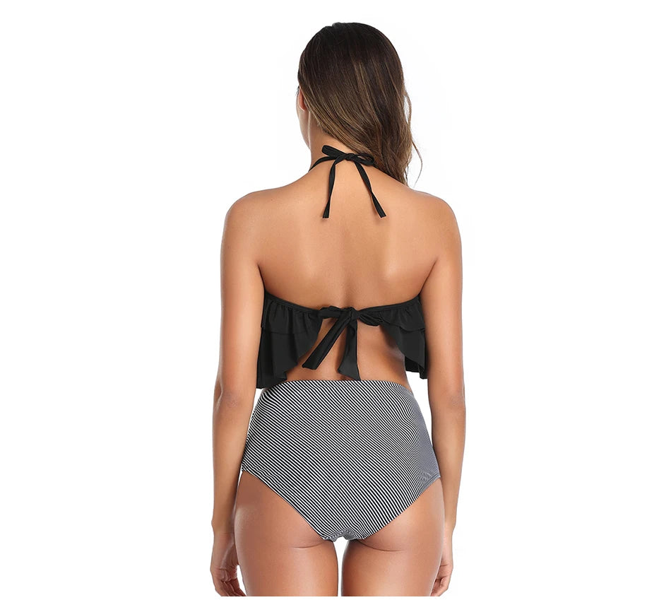 Swimwear Women Halter Ruffle Bikinis High-Waist Split Two-Piece Off Shoulder Swimsuit Pool Beachwear Bathing Suit Plus Size XXL