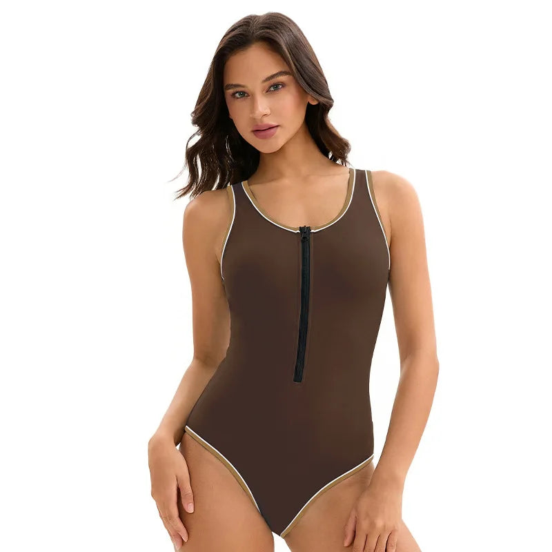 Tummy Control Swim Suits for Women Slimming One Piece Swimsuit Modest Bathing Suit Zipper Front  Solid Swimwear
