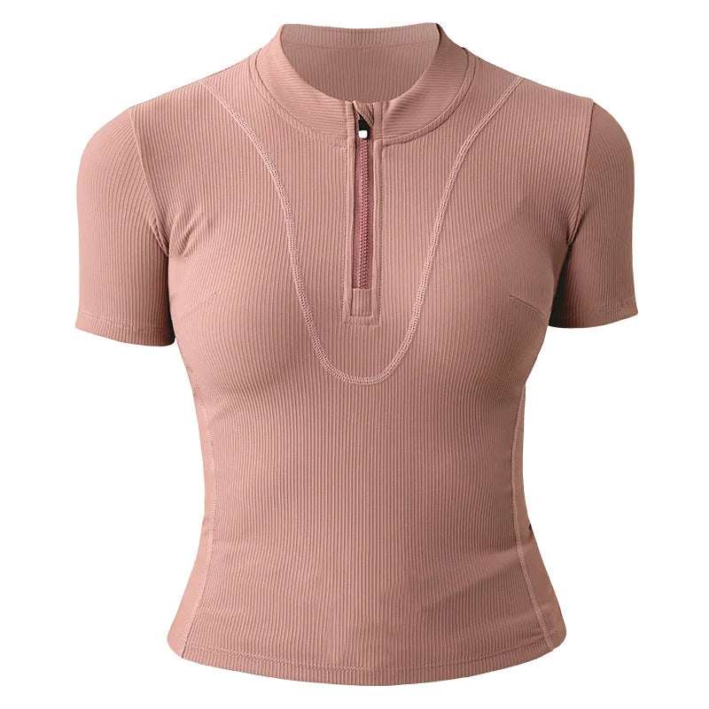 Aiithuug Women Slim Fit Gym Shirts Half Zip Workout Tops Quarter Zip Fitness Shirt Running Quicky Dry Short Sleeve Yoga Tops