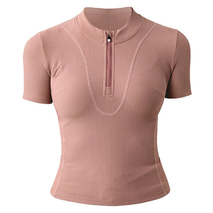Aiithuug Women Slim Fit Gym Shirts Half Zip Workout Tops Quarter Zip Fitness Shirt Running Quicky Dry Short Sleeve Yoga Tops