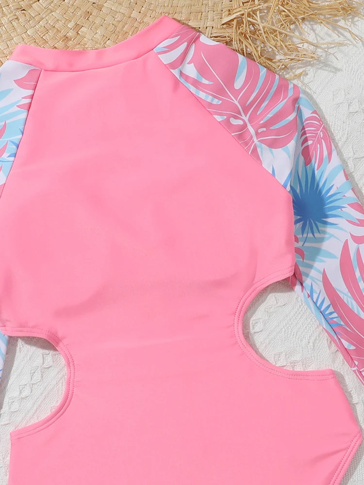 One Piece Girls Swimsuit Pink Print Long Sleeve Children Swimwear Summer Hollow Out Kids Beach Swimming Bathing Suit