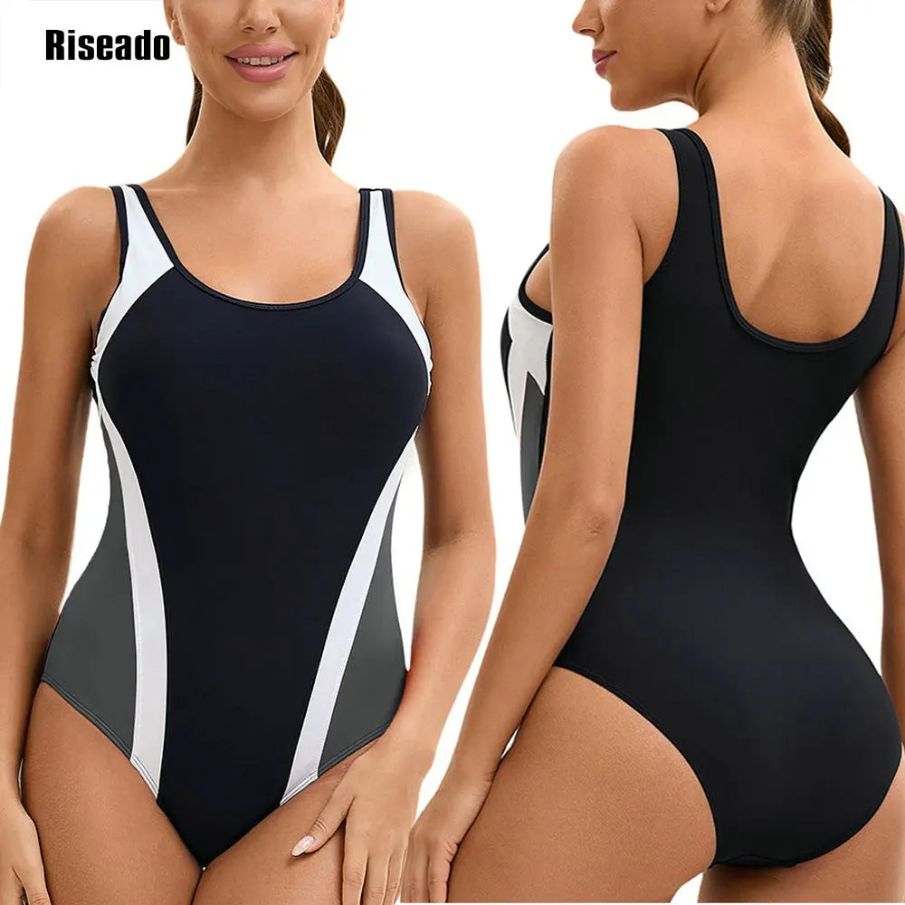 Women's Color Block One Piece Swimsuits U Back Athletic Training Swimwear Bathing Suits