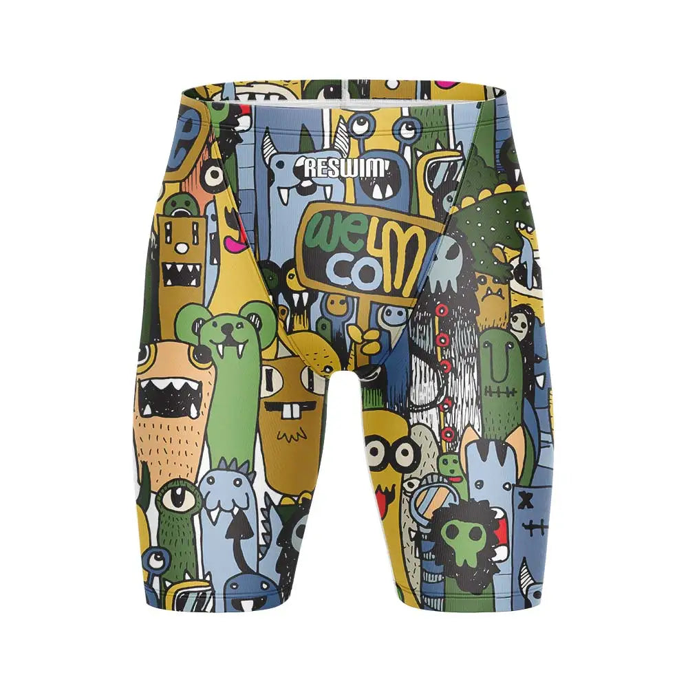 Cartoon Swim Jammer Endurance Athletic Training Swimsuit Men's Beach Swimming Trunks Lycra Swimwear Jammers GYM Tight Surf Shorts