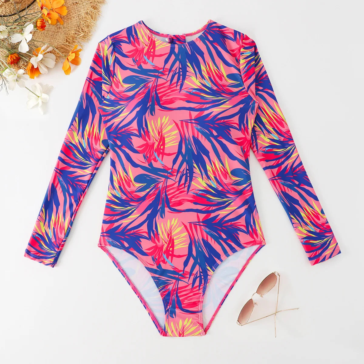 Floral One Piece Swimsuit Long Sleeve Zipper Swimwear Women Bathing Suit Beachwear Monokini Female Swim Surfing Suits