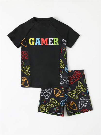 Boy Swimsuit Graffiti Print Short Sleeve Children Swimwear Summer Two Piece Kids Beach Wear Swimming Bathing Suit Boys