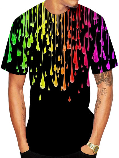 Rainbow Paint Splash Men's Printed T-shirt Hip Hop Street Fashion Harajuku Round Neck Comfortable Short Sleeve Top