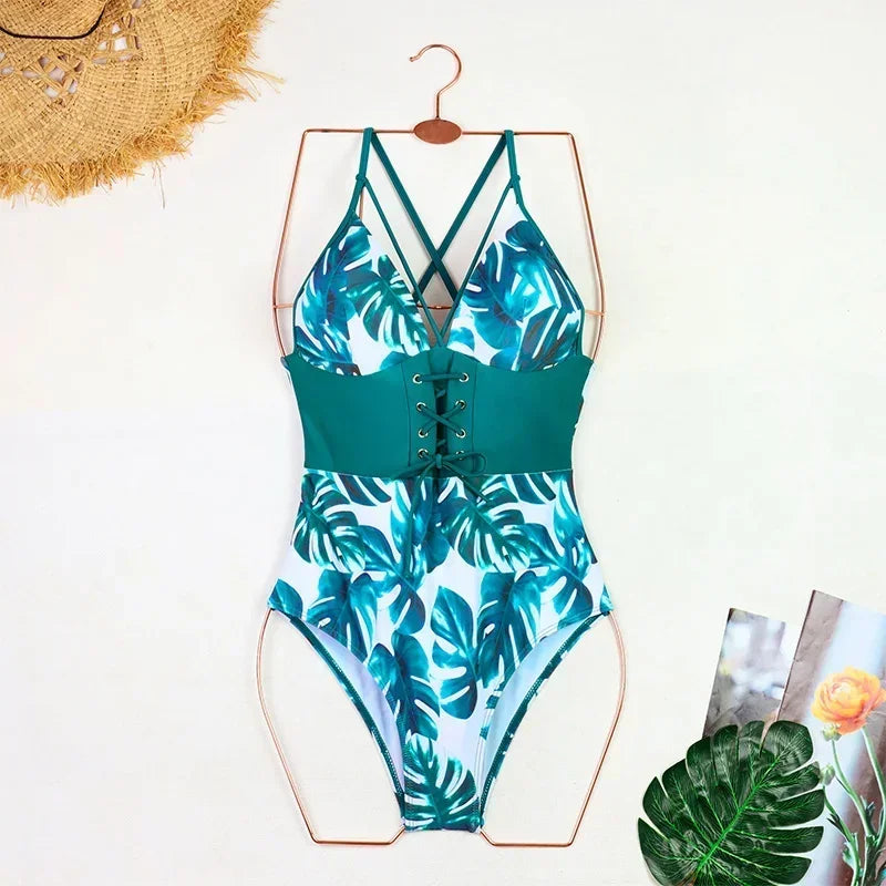 One Piece Swimsuit Swimwear Women Leaf Print Patchwork Hollow Cross Straps Backless Beachwear Bathing Suit
