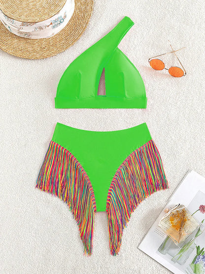 Fringe Tassel One Shoulder High Waist Bikini Women Swimwear Female Swimsuit Two-pieces Bikini Set Hollow Out Bathing Suit Swim
