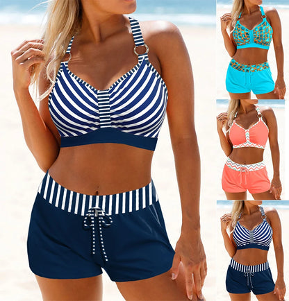Summer Women's Blue and White Striped Printed Tank Top and Shorts Two-piece Swimsuit Lace Up Sexy Beach Set S-6XL