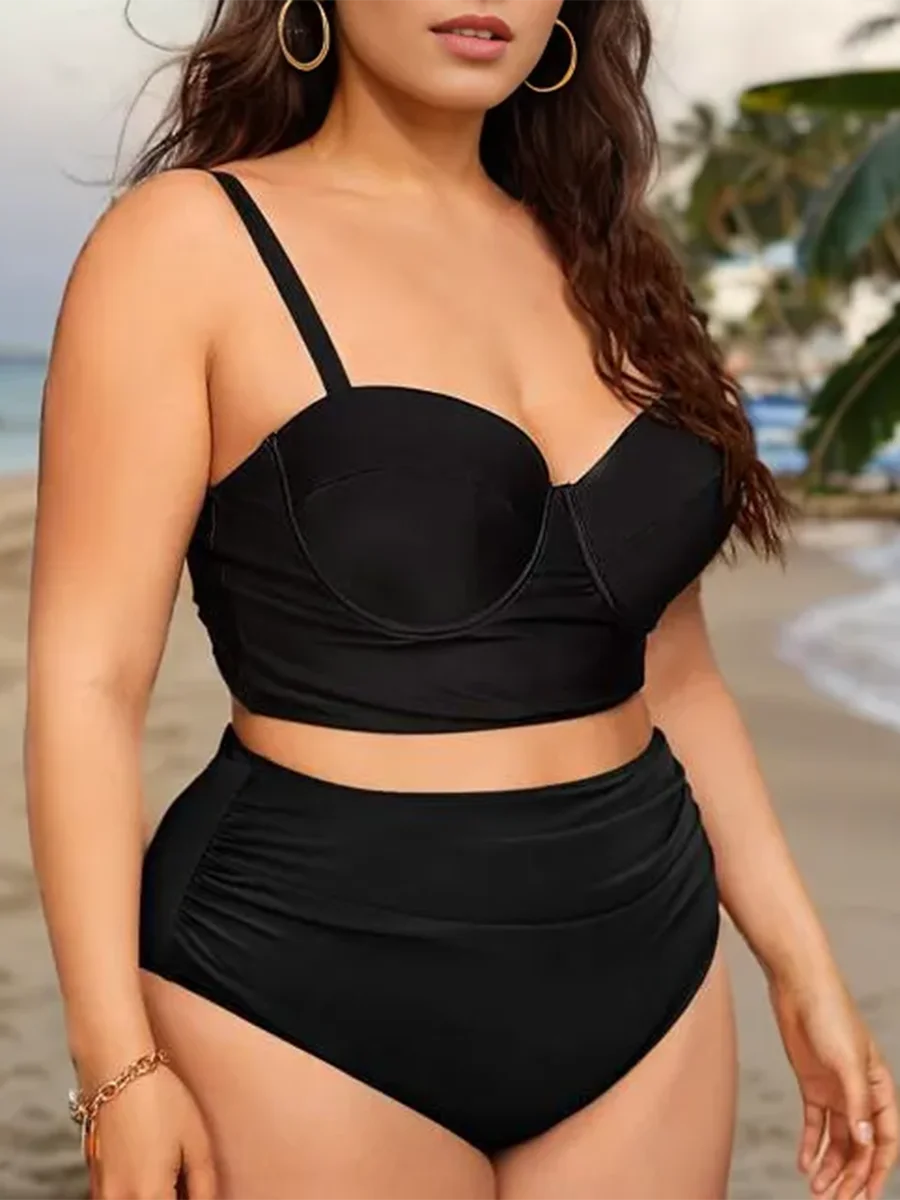 Large Plus Size Push Up Solid Bikini Two Piece High Waist Swimsuit Women Swimwear Female Bathing Suit Beachwear Swimming