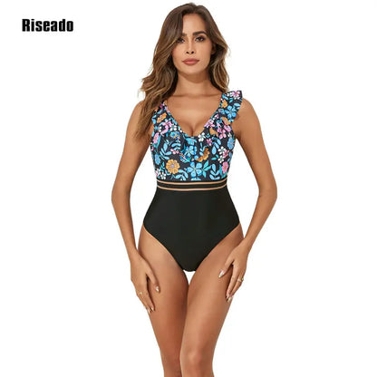 Riseado Ruffled One-Piece Swimsuit For Women Floral Sexy V-neck Backless Monokini Swimwear 2024 Mesh Bathing Suit Beachwear