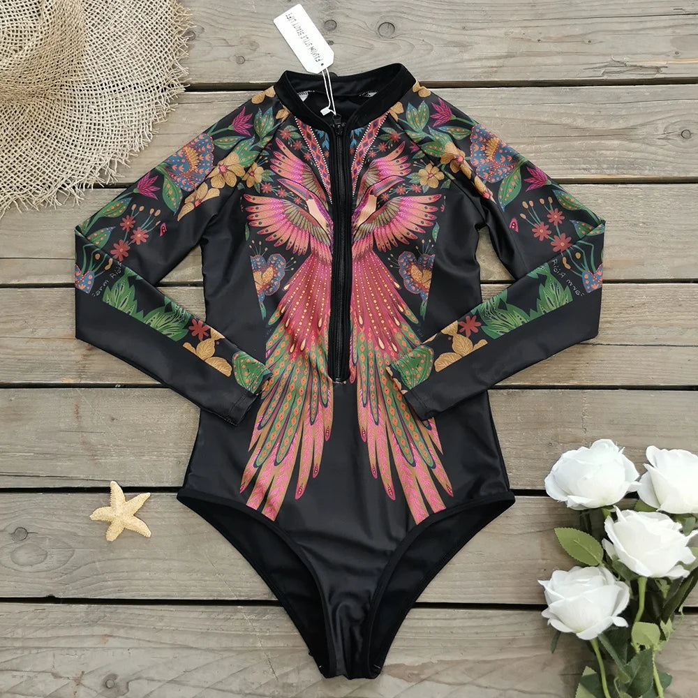 Surfing Sport Swimsuit One Piece Long Sleeves Women Swimwear Skeleton Zipper High Quality Bath Suit Halloween Costumes
