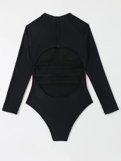 Solid Patchwork Swimwear Women Long Sleeve One Piece Swimsuit Monokini Backless Hollow Summer Bathing Suit