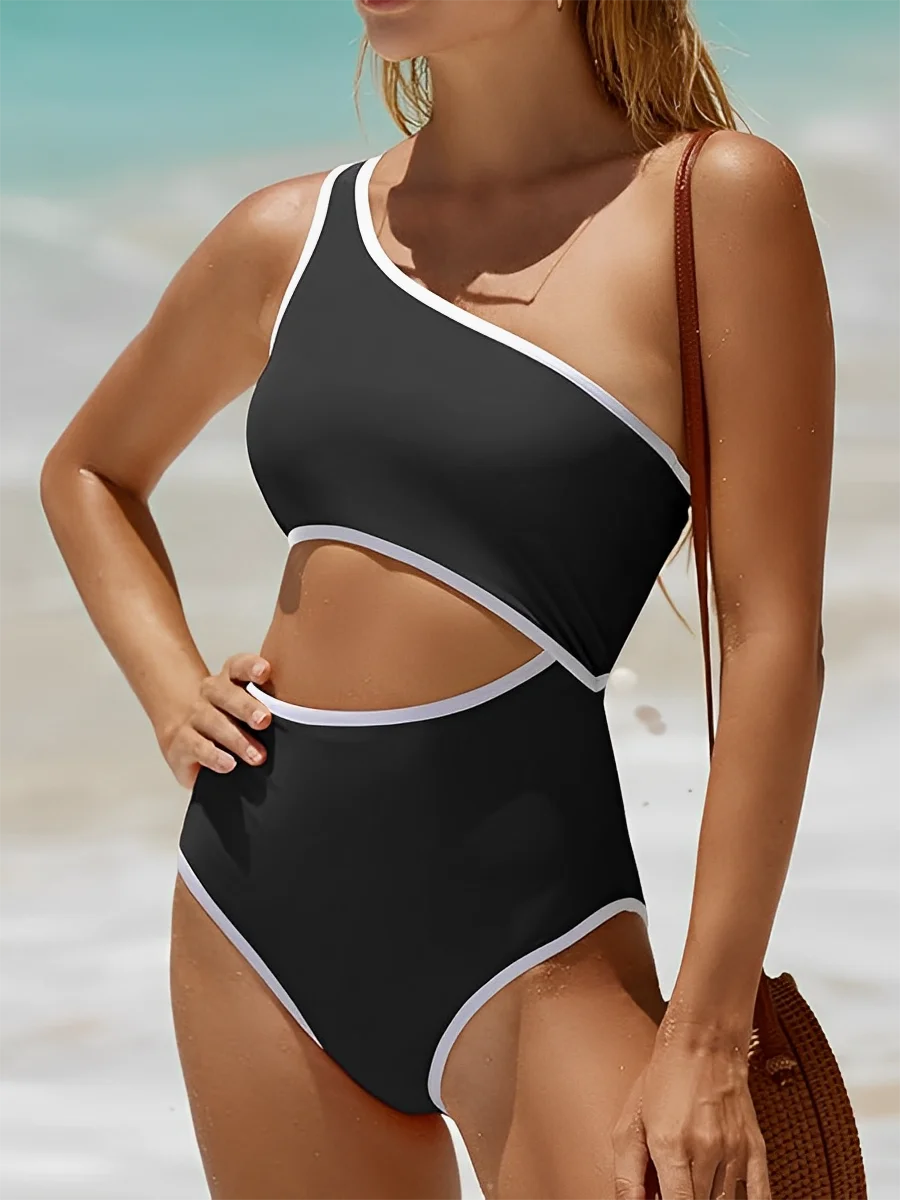One Shoulder Swimsuit Women One Piece Solid Hollow Swimwear Female Bathers Bathing Swimming Swim Suit Beachwear XXL