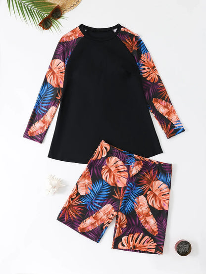 Plus Size 4XL Tankini Rash Guard Swimsuit Set Long Sleeve High Waist Boyleg Two-Piece suits with Sun Protection Women Swimwear Bathing Suit