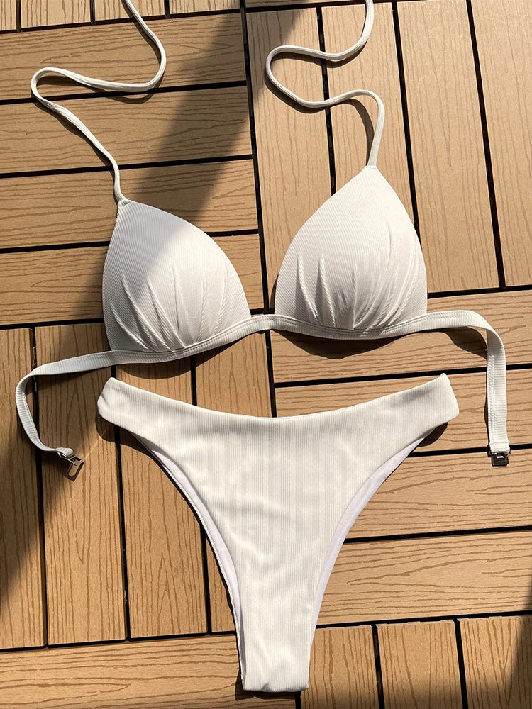 Halter Bra Cup Bikini Swimsuit Female White Swimwear Women Push up Bikini set Brazilian Bathing Suit Bandeau Swim suit