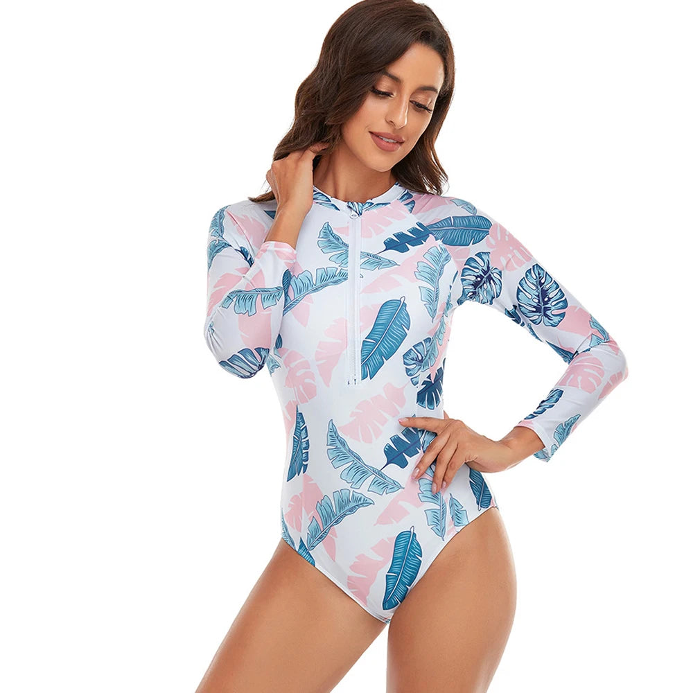Womens Athletic One Piece Swimsuits Rashguard Long Sleeve Swimsuit Sports Surfing Swimwear Bathing Suits Printed Half Zipper XXL
