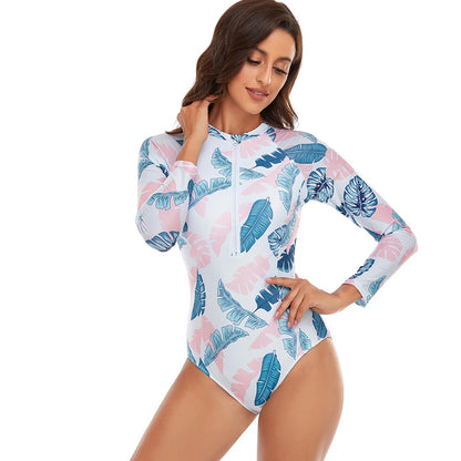 Womens Athletic One Piece Swimsuits Rashguard Long Sleeve Swimsuit Sports Surfing Swimwear Bathing Suits Printed Half Zipper XXL