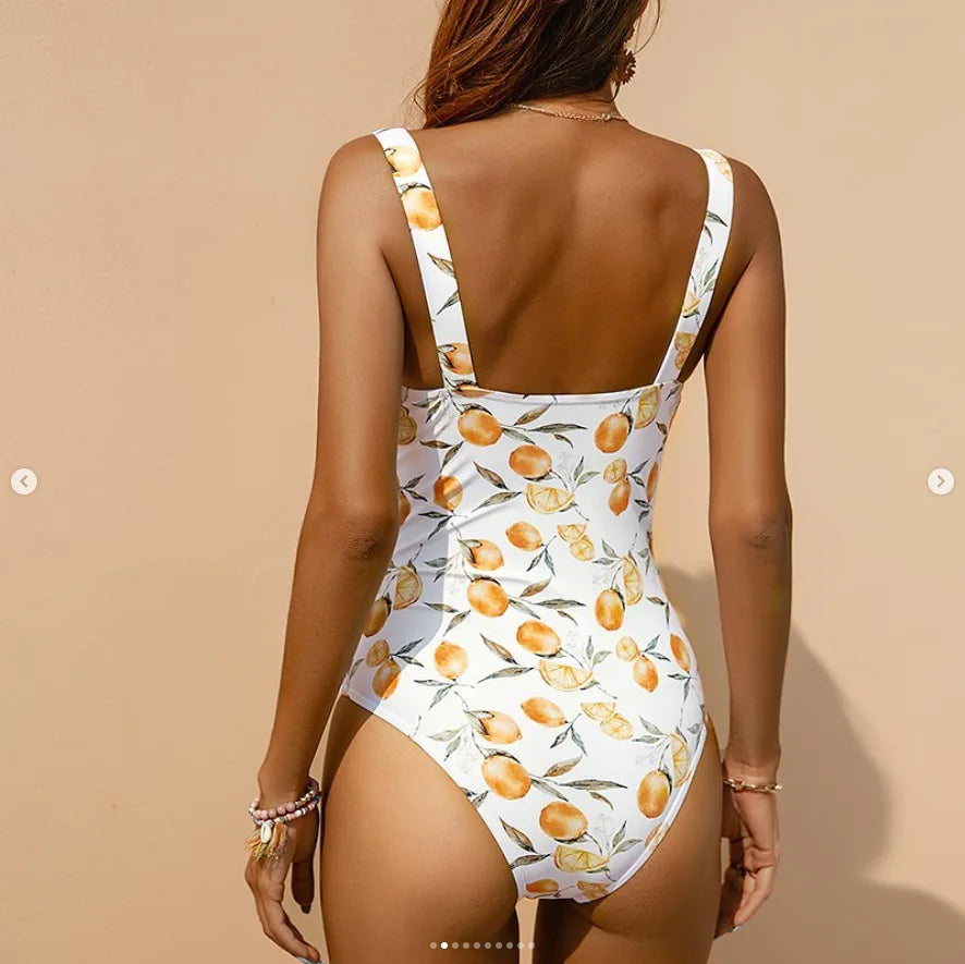 Fashion Floral Printing One-Piece Swimsuit Women Backless Sling Swimwear Female Plicated Beach Party Bodysuit