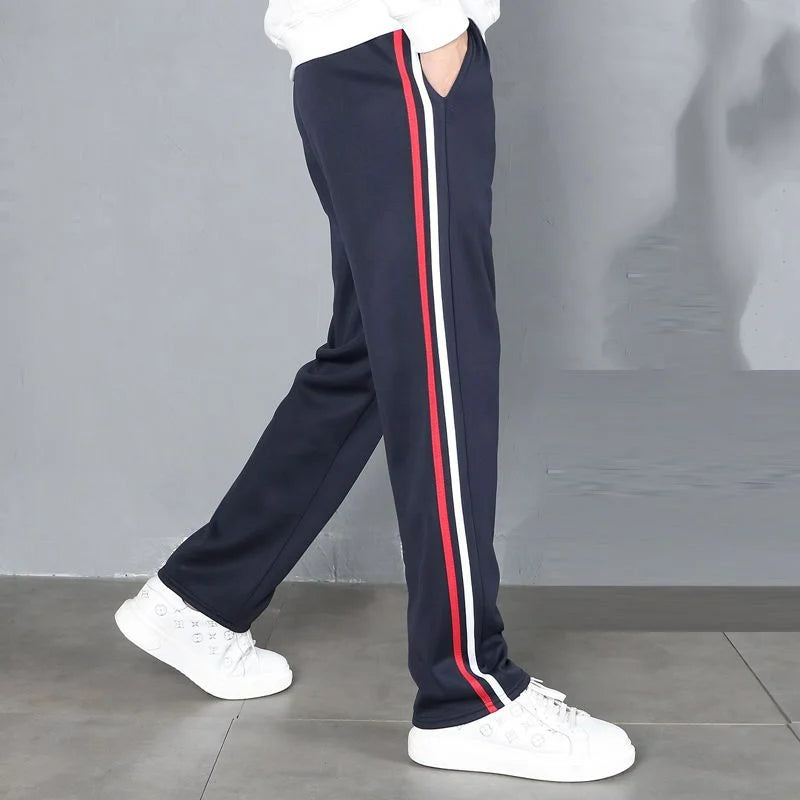Red White Stripes Casual Sports Pants Solid Elastic Waist Pockets Durable Breathable Straight Trousers