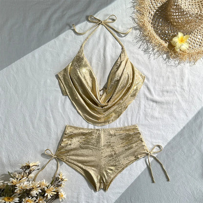 Glitter Sparkling Halter Bikini Women Swimwear Female Swimsuit Two-pieces Bikini set Shorts Bather Bathing Suit Swim