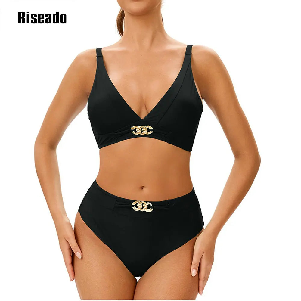 Solid Black High Waist Bikini Sets Swimsuit For Women V-neck Tank Two Pieces Swimwear