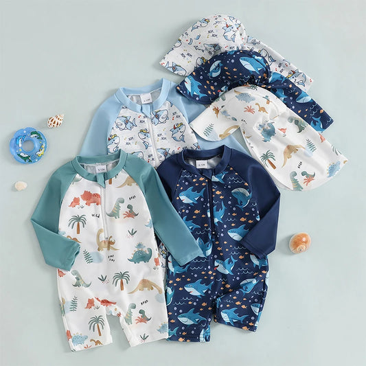 Toddler Boys Rash Guard Swimsuit Cartoon Dinosaur/Shark Print Long Sleeve Zip Up Swimwear Summer Bathing Suit with Cap