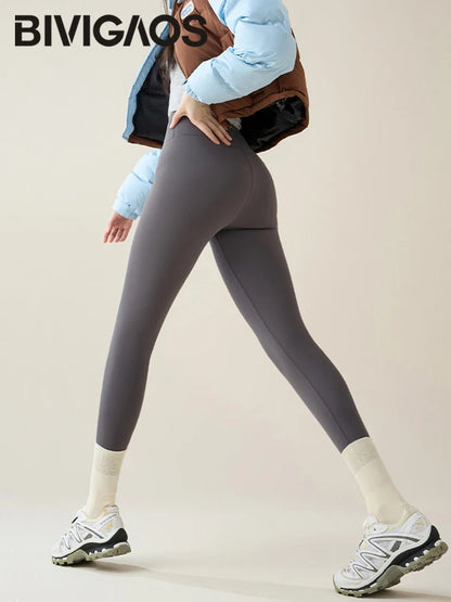 Autumn Winter Rabbit Fleece Sharkskin Leggings Women Casual Basic Thicken Warm Leggings Brown Fleece Lined Tights
