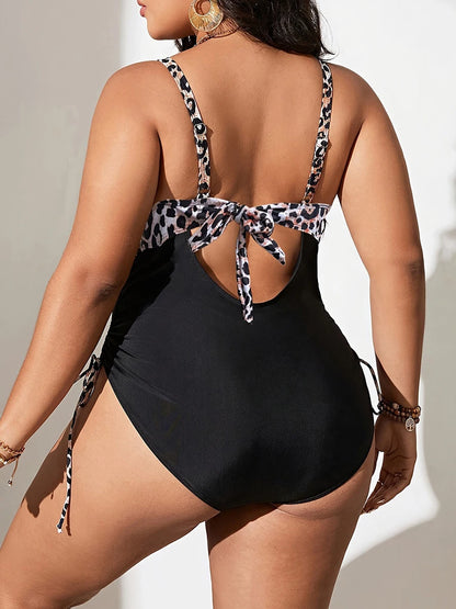 Large Plus Size Leopard One Piece Swimsuit Women V-neck Swimwear Female Bathers Bathing Swimming Swim Suit Beachwear