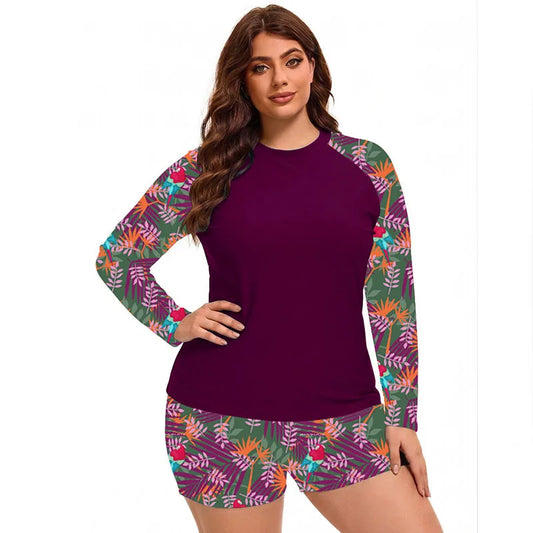 Women Plus Size Swimwear Long Sleeve Rash Guard Modest Two Piece Swimsuit UPF 50+  Rash Guard Beachwear Beach Bathing Suit