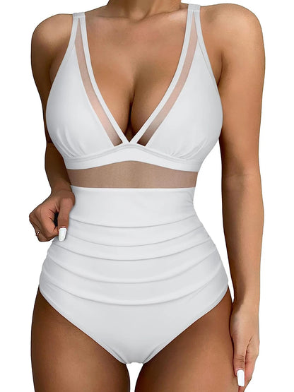 Mesh Panel Swimsuit One Piece High Cut Swimwear Women Solid Bathers Bathing Suit Female Backless Swimming Beachwear